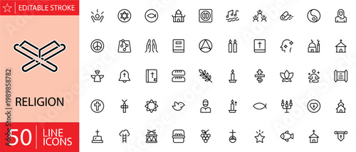 Religion icons set. Includes symbols of faith, worship, spiritual practices, sacred texts, places of worship, and religious traditions. Editable stroke. Vector illustration. Outline icons.