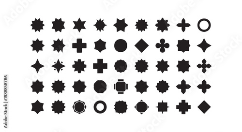 Geometric shape collection featuring stars polygons circles and crosses for creative graphic design and pattern construction.