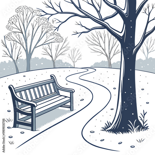 Winter park path with bench under bare trees in a quiet snow scene landscape peaceful background illustration parkland environment tranquility seasonal