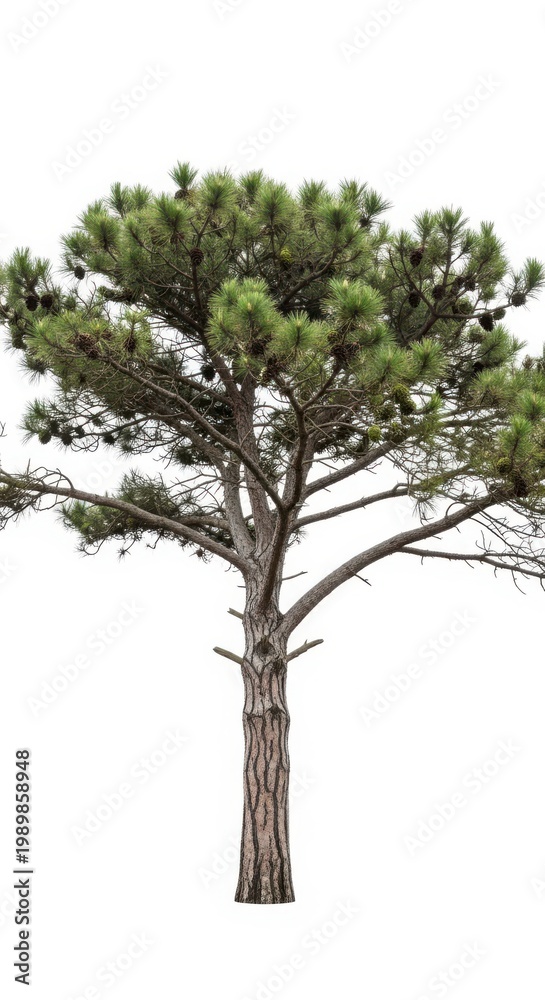 Fototapeta premium Pine Tree with Cones and Green Needles, Isolated on White Background