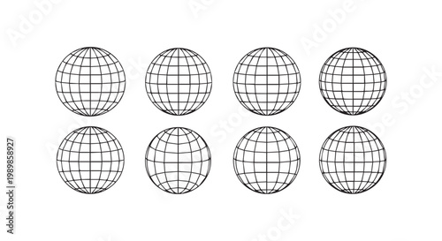 Globe wireframe grid icons collection representing earth sphere latitude and longitude lines for global mapping and geography.