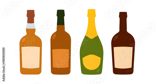 alcohol bottles, liquor collection, beverage bottles, bar drinks, wine bottles, whiskey bottle, vodka bottle, rum bottle, beer bottles, glass containers, drink set, alcohol illustration, bar menu desi