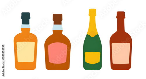 bottles, alcohol, beverage, drink, liquor, glass, bar, wine, whiskey, beer, vodka, rum, spirits, container, collection, vector, simple