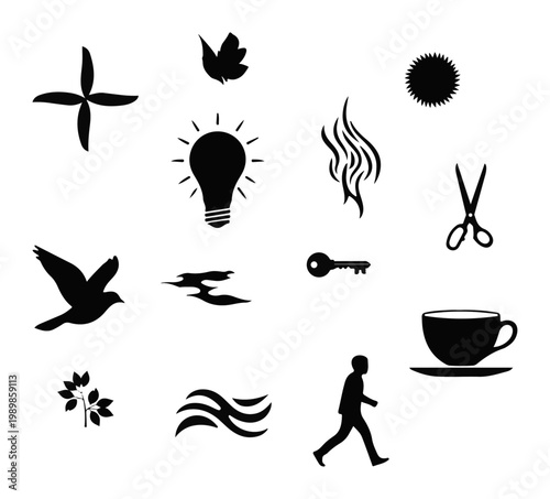 Collection of diverse black silhouette icons including a bird lightbulb scissors and coffee cup for conceptual design and web elements