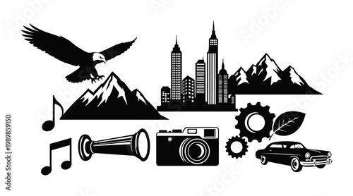 Collection of diverse graphic elements including an eagle mountains cityscape camera music notes and vintage car representing travel nature and urban life