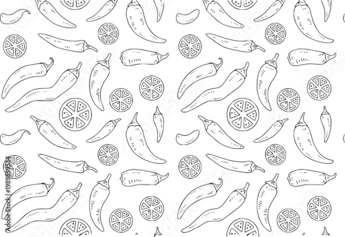 Hand-drawn black and white chili peppers and tomato slices pattern white background
