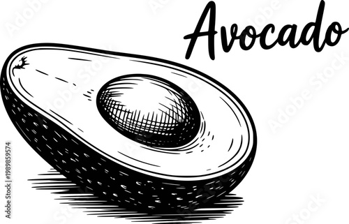 Hand-drawn of a halved avocado with seed and text, isolated white fruit food black