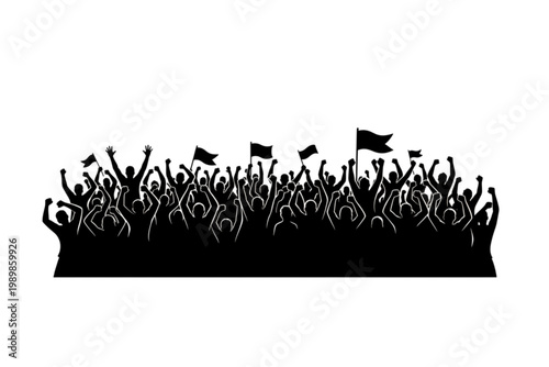 Crowd Silhouette Celebration: A unified and jubilant crowd silhouette, waving flags and raising their arms in unison. This graphic embodies a shared sense of elation and collective accomplishment.