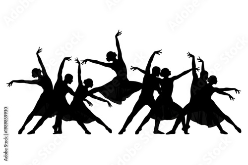 Dynamic Silhouette Dance: An elegant dance performance with graceful dancers moving in unison, captured in striking silhouette form, highlighting the beauty and fluidity of human movement.