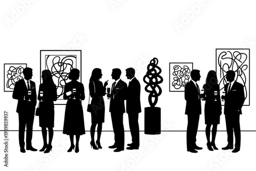Art Gallery Gathering: Silhouette figures of attendees at an art gallery event, dressed in elegant attire, engage in conversation while admiring art.