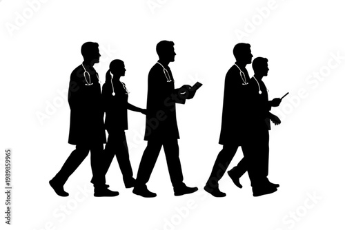 Medical Professionals in Transit: A silhouette of a healthcare team, composed of medical professionals, walks in unison. The image encapsulates their commitment and collaborative approach.