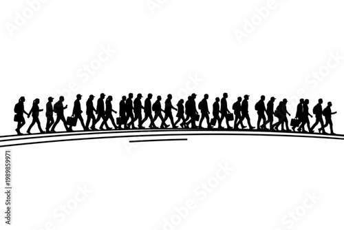 Silhouette of Migration: A line of silhouetted individuals walk purposefully, signifying migration, journeys, and the spirit of movement and transition.