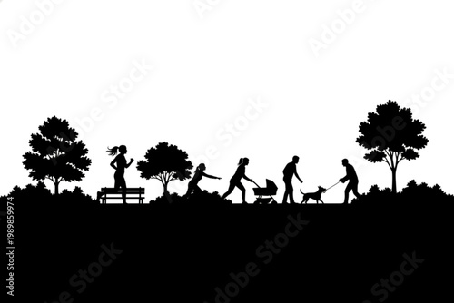 Park Silhouette: A tranquil silhouette captures the essence of a serene park, with figures strolling, jogging, and enjoying the outdoors with pets, evoking feelings of calm and leisure.