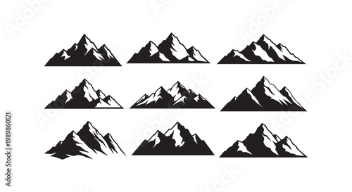 High mountain peak silhouettes set with snowy ridges for outdoor adventure and climbing travel badges or logo graphic design.