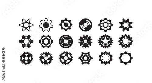 Industrial gear and sprocket icons collection with various mechanical wheel shapes and cogwheel designs for engineering work.