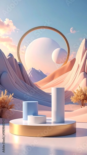 Abstract landscape with platforms, desert-like forms, pastel colors, & circular element