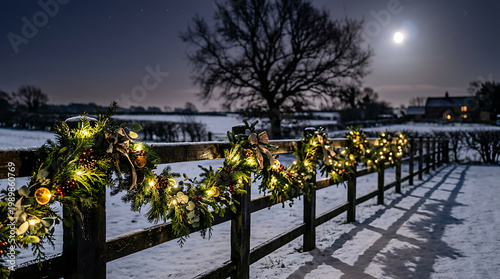 Festive garland lights adorn wooden
