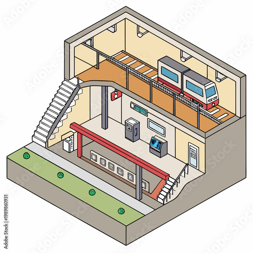 Isometric view of underground subway station platform with isometric underground transport platform architecture infrastructure building commuter transportation passenger concourse movement