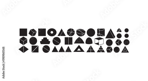 Minimalist geometric shapes collection including abstract circles triangles squares and polygons isolated for graphic design.