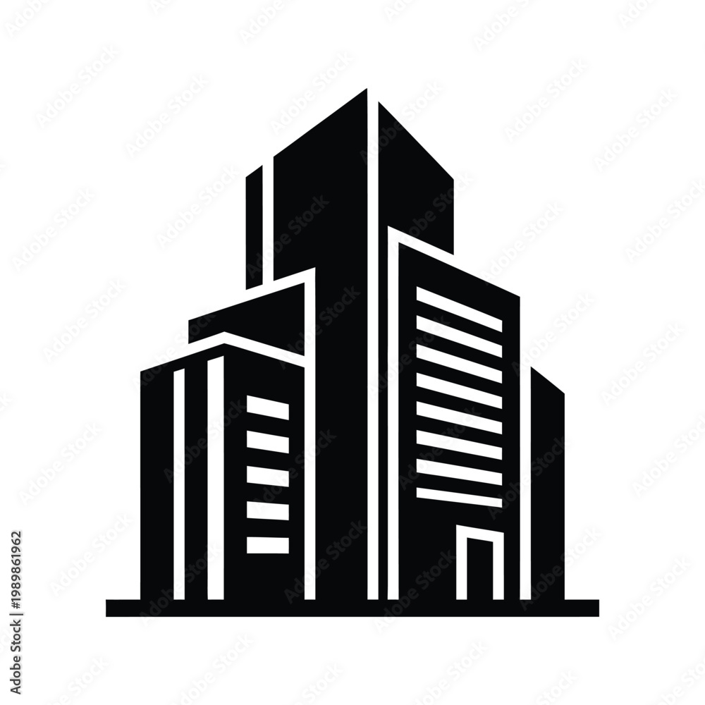 Fototapeta premium Modern office building architectural design in black and white style, representing business and urban development.