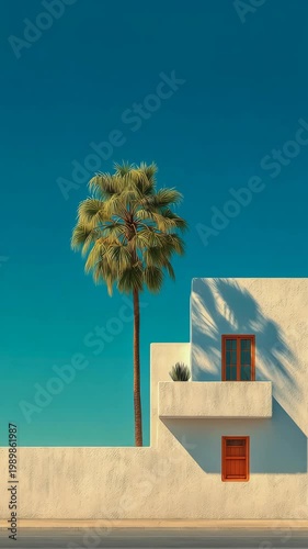 Minimalist architecture with a palm tree on a summer day. Vertical video for stories.