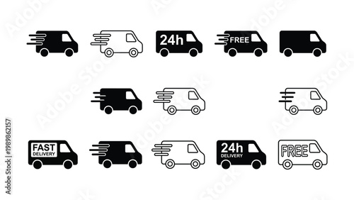 Fast delivery icon set. Free shipping, express delivery,  fast van. Truck symbol on white background, 24 hours - stock vector.

