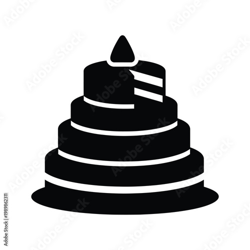 Multilayered wedding cake icon with a slice cut out, decorated with candles, depicting celebration and festivity.