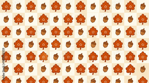 Autumn leaves and acorns seamless pattern on checkered background. Cute fall oak leaf and nut print for wrapping paper, fabric and textile. Simple thanksgiving tablecloth pattern. Vector