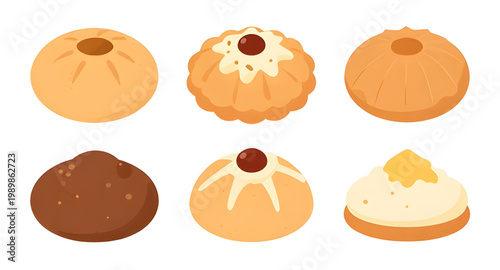 cookie set, round cookies, biscuit collection, sweet dessert, baked cookies, chocolate chip cookie, sugar cookie, bakery treats, snack food, dessert illustration, food vector, cookie icons, pastry des