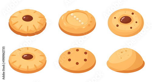 cookies, biscuit, round, dessert, sweet, food, snack, baked, chocolate, sugar, treat, bakery, tasty, vector, illustration, design, collection