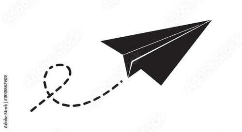 Paper airplane taking flight with dashed line trail symbolizing dreams travel and ambition or sending message.
