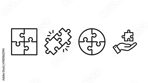 Puzzle pieces icon set. Puzzle jigsaw outline icons on white background - stock vector.
