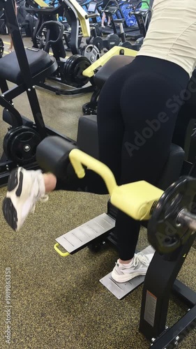 Russia, Izhevsk, April 16, 2026, fitness center. Woman exercising on gym equipment while lifting leg in fitness center  