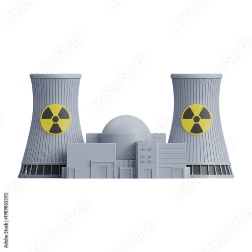 3D rendered nuclear power plant cooling towers with radiation symbols isolated on transparent background