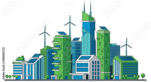 Clean vector graphic of a sustainable city showcasing modern green buildings, solar energy, and wind power for an environmentally friendly future