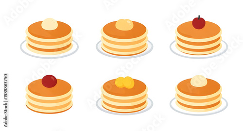 pancakes, stack, plate, breakfast, food, syrup, butter, sweet, dessert, meal, tasty, homemade, brunch, flat, vector, illustration, design