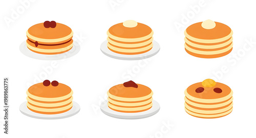 pancakes, stack, plate, breakfast, food, syrup, butter, sweet, dessert, meal, tasty, homemade, brunch, flat, vector, illustration, design