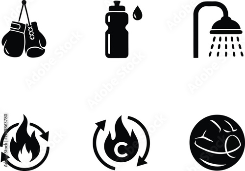 Professional vector icon set for fitness branding. Tracking gym recovery and wellness lifestyle app.