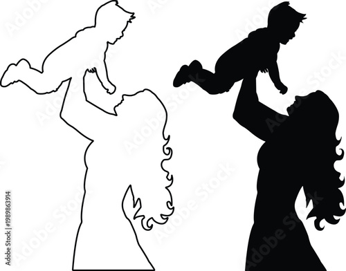 Mother Lifting Baby Silhouette Vector Black Outline Joy Maternity Love Design