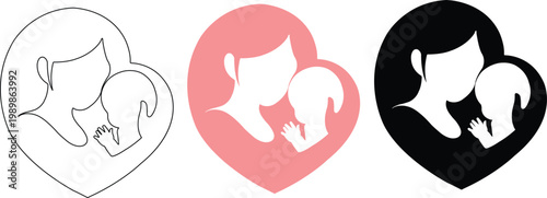 Mother Child Heart Love Icon Vector Pink Black Outline Maternity Symbol Set