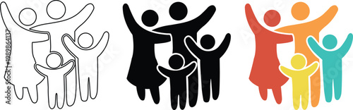 Happy Family Icon Vector Set Black Color Outline Parents Children Symbol Design