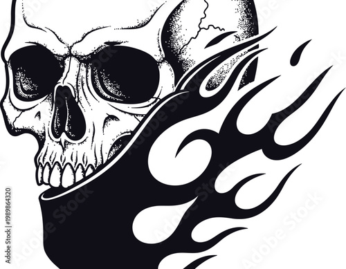 Close-up skull graphic design with abstract flame elements and negative space for text