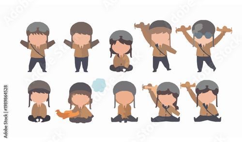Cute kids in pilot costumes vector set with children playing and dreaming of flying airplanes