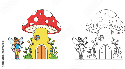 Fairy and Mushroom House Coloring Page for Kids - Cute Fantasy Illustration with Colored Reference and Line Art for Creative Educational Activities and Storytelling