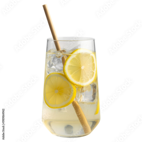 Clear glass tumbler with lemon slices and straw for refreshing drink isolated on transparent background