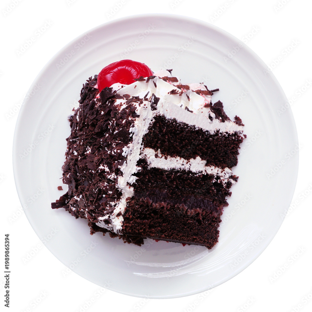 Obraz premium Classic black forest cake slice on a white plate. Top view isolated on a white background.