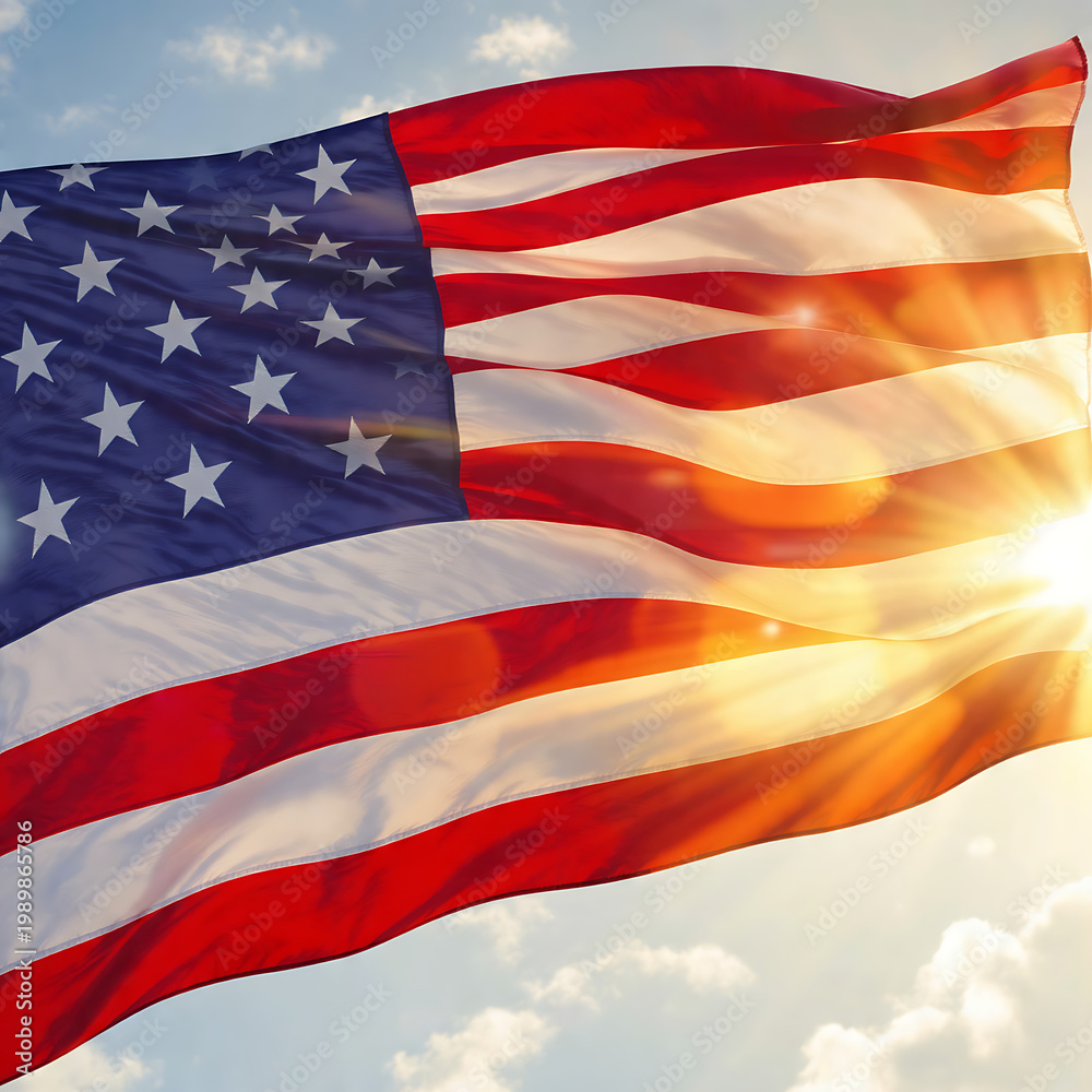 Obraz premium Backlit American Flag Waving With Bright Sun Flare And Sky