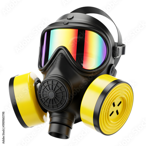 Gas mask with yellow filters and rainbow visor isolated on transparent background