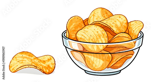 potato chips, snack bowl, glass bowl, crispy chips, fried snack, golden chips, crunchy food, salty snack, party snack, junk food, chip illustration, food design, snack collection, bowl of chips, tasty