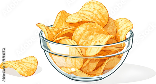 potato chips, snack bowl, glass bowl, crispy chips, fried snack, golden chips, crunchy food, salty snack, party snack, junk food, chip illustration, food design, snack collection, bowl of chips, tasty